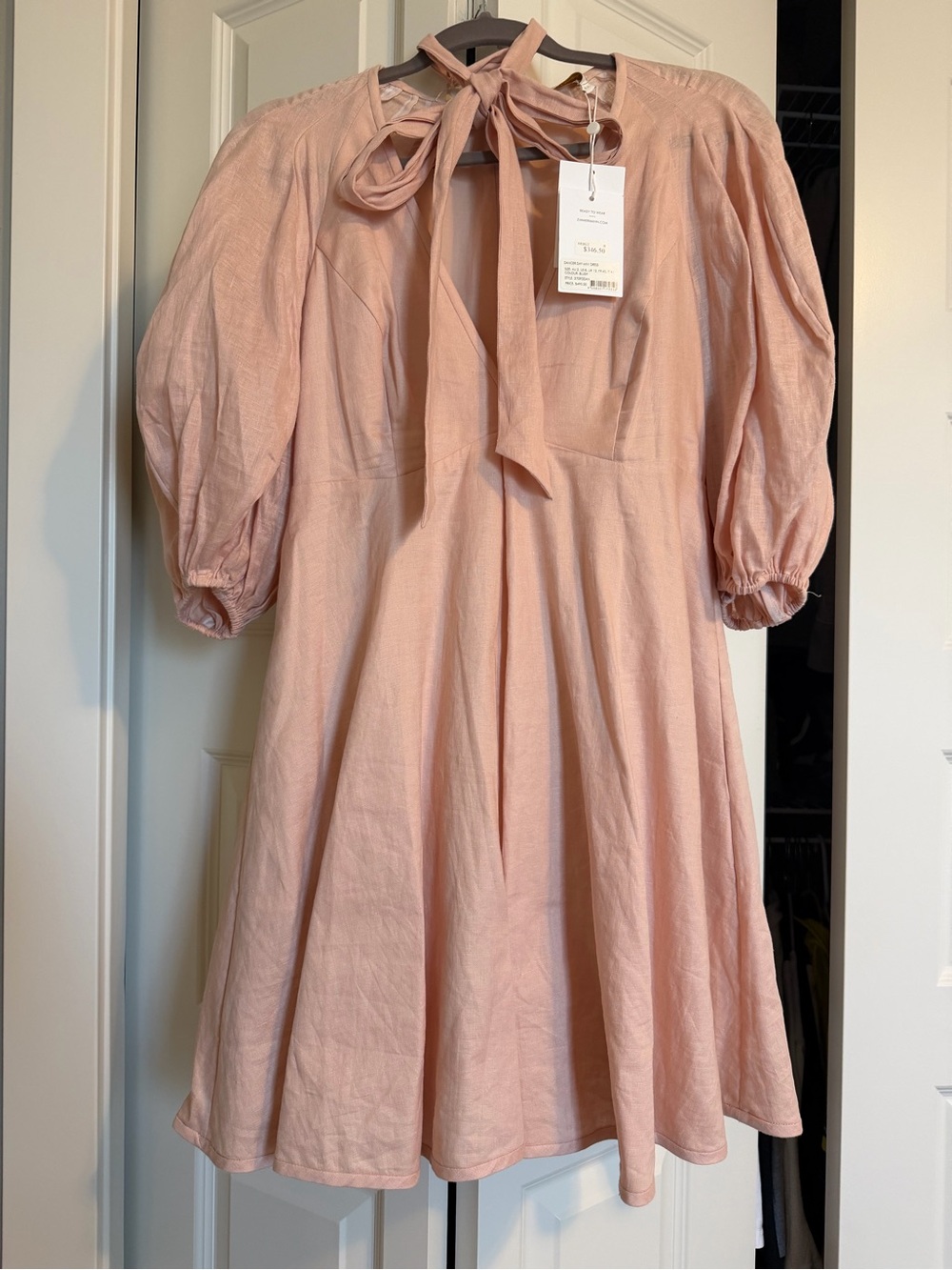 Zimmermann Pale Blush Tie-Neck Puff Sleeve Mini Dress